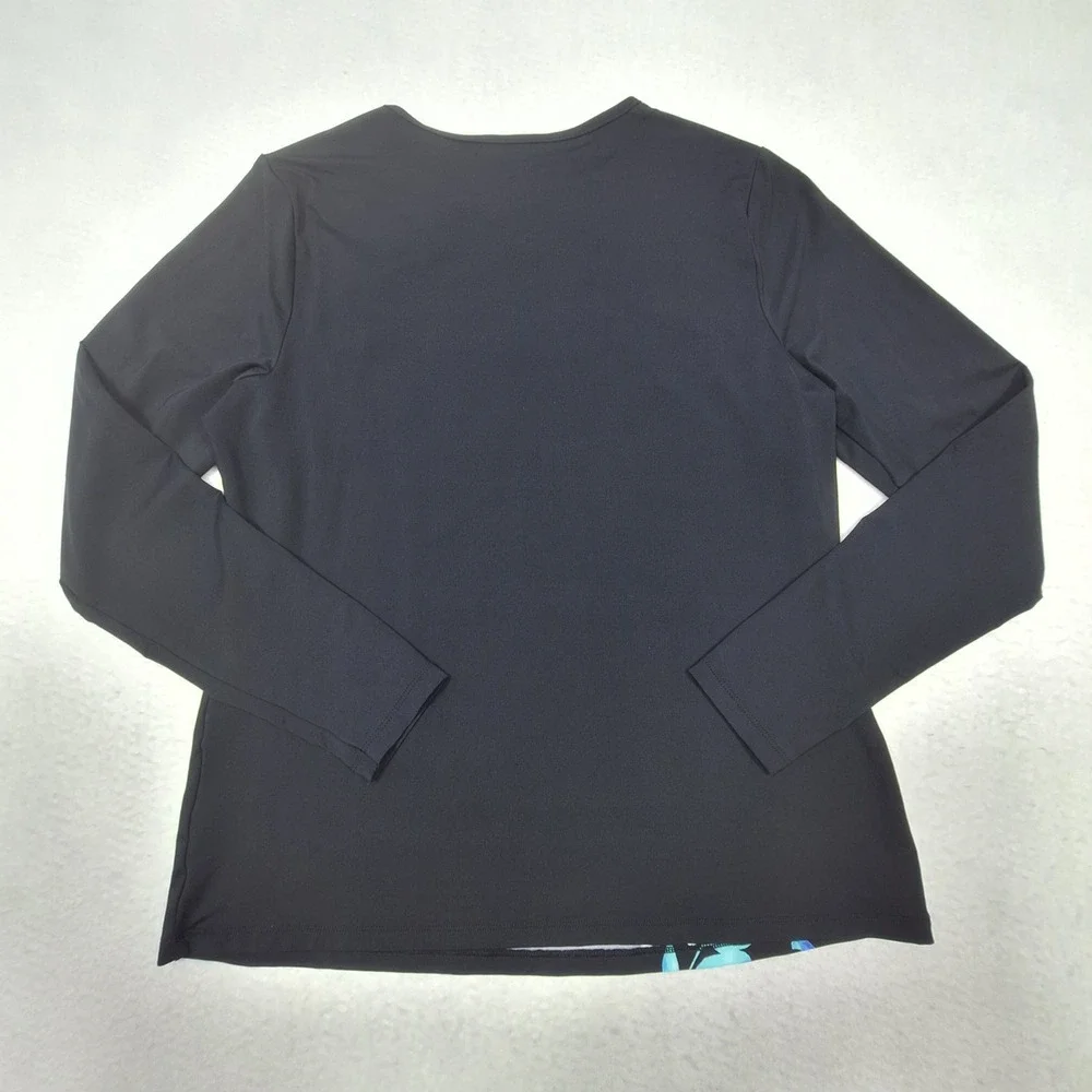 Lands End Rash Guard Womens Medium Black Floral Long Sleeve Swim Top UV‎ Shirt